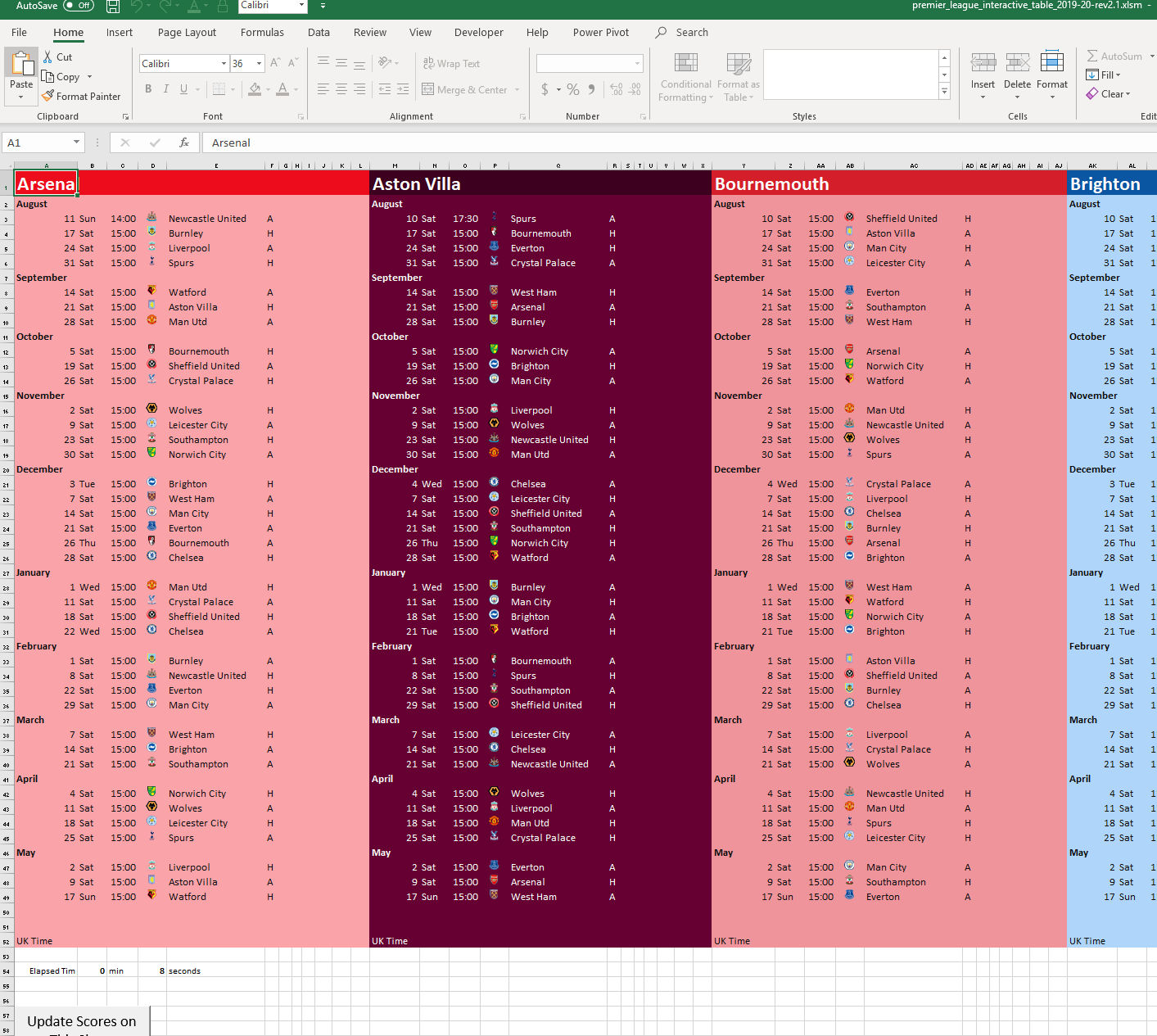 Interactive 2018/19 EFL Championship League Table in Excel