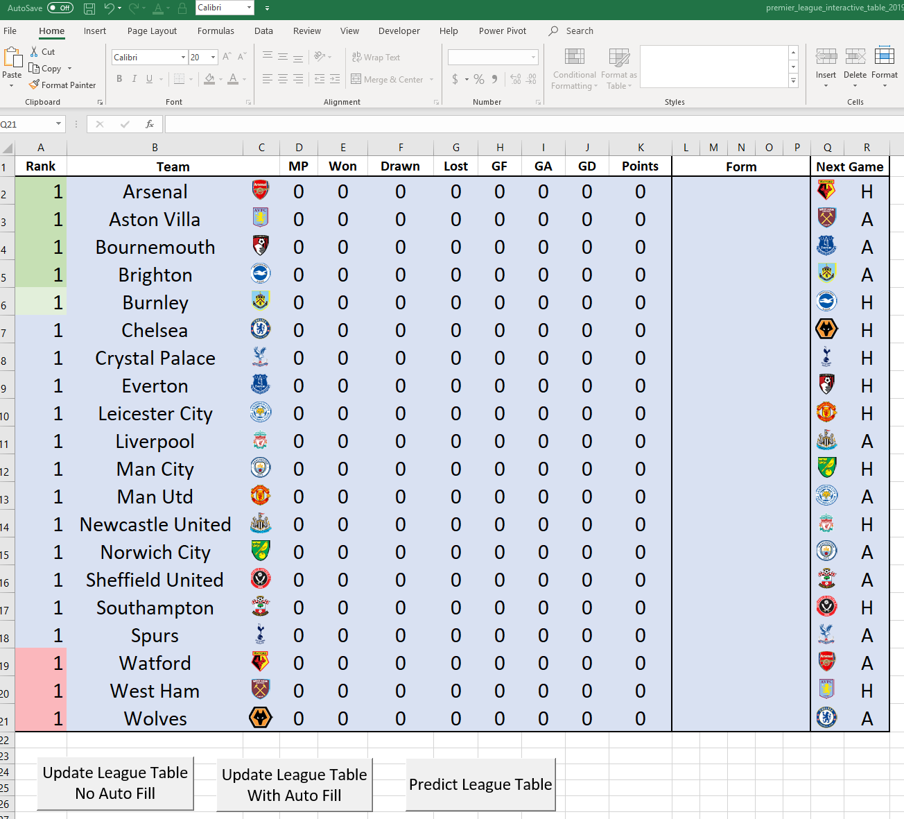 Interactive 2018/19 EFL Championship League Table in Excel